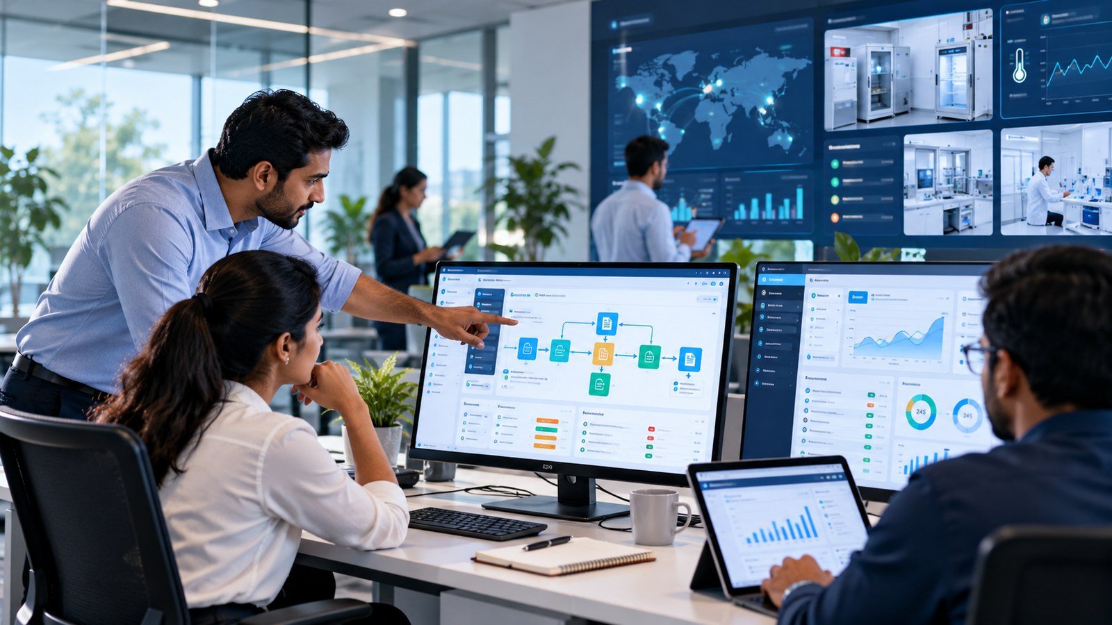 Laboratory and operations team working with digital dashboards