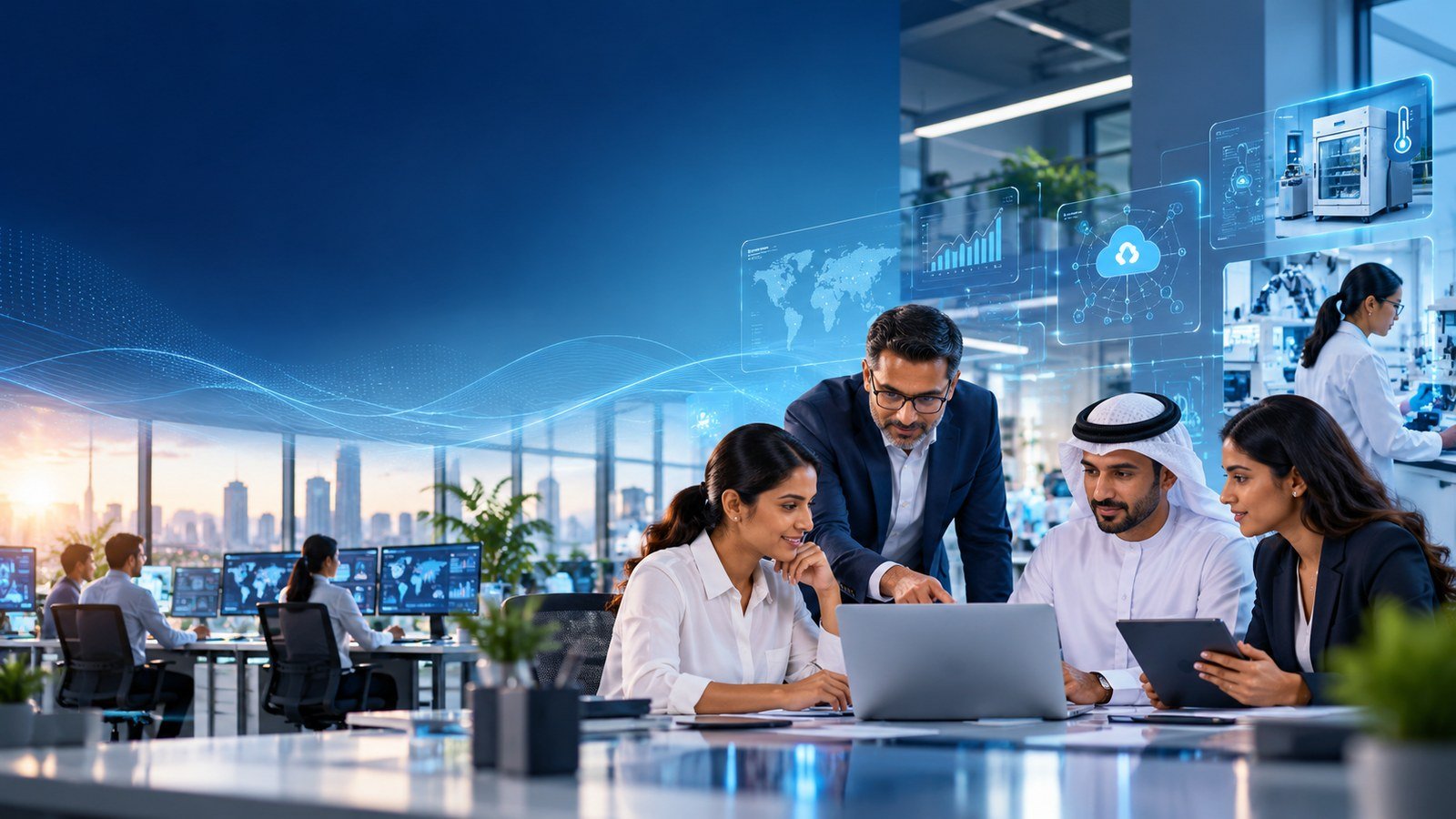 Professionals working with mobile and connected digital systems