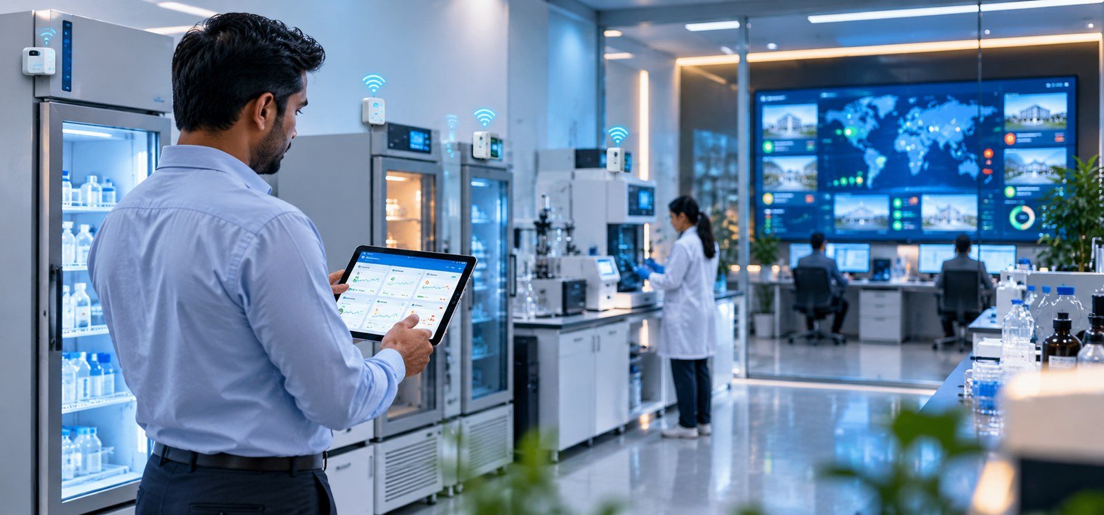 Modern laboratory environment with connected equipment and centralized monitoring